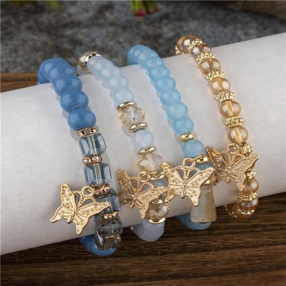 Handmade 4pcs Colorful Butterfly Pendant Stackable Stretch Crystal Stone Beaded - Picture 4 of 4